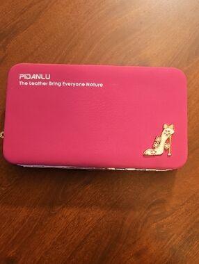 Pink Leatherette Women's Zip Wallet with Decorative Heel Accent